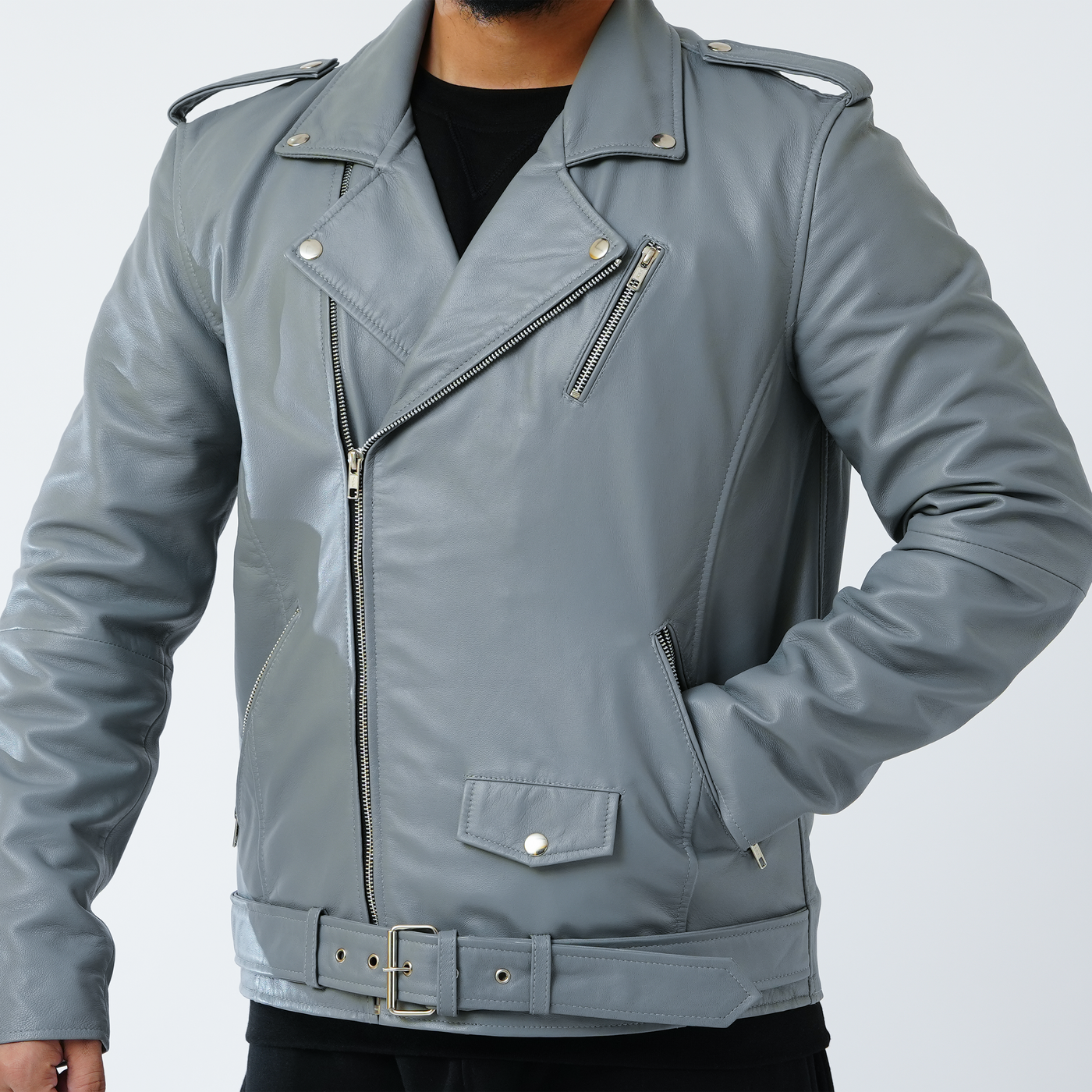 Men Silver Leather Jacket: Sheep Diamond