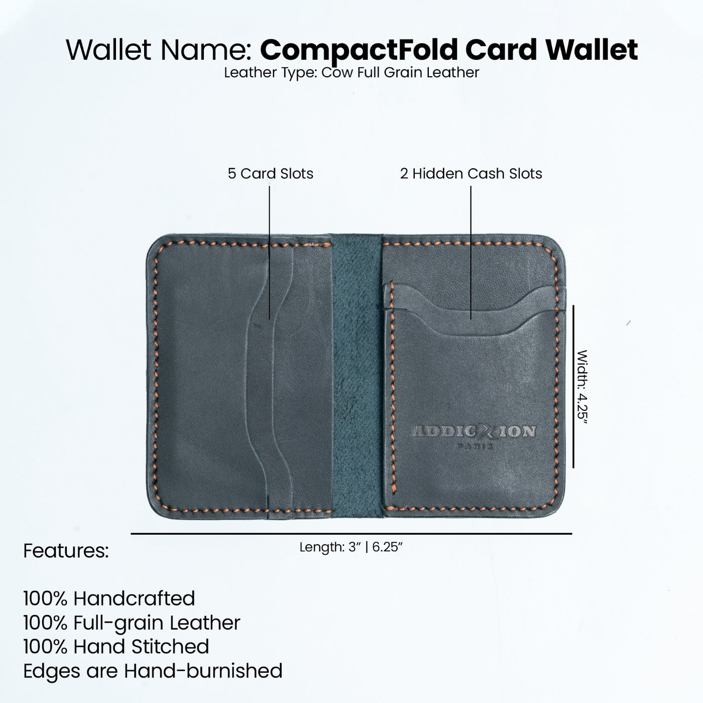Leather Compact Fold Card Wallet: Black